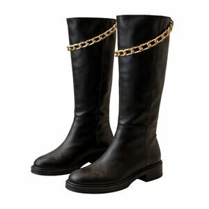 Anthropologie Alohas Pier Black Leather Chain Boots Size 40 NWOT